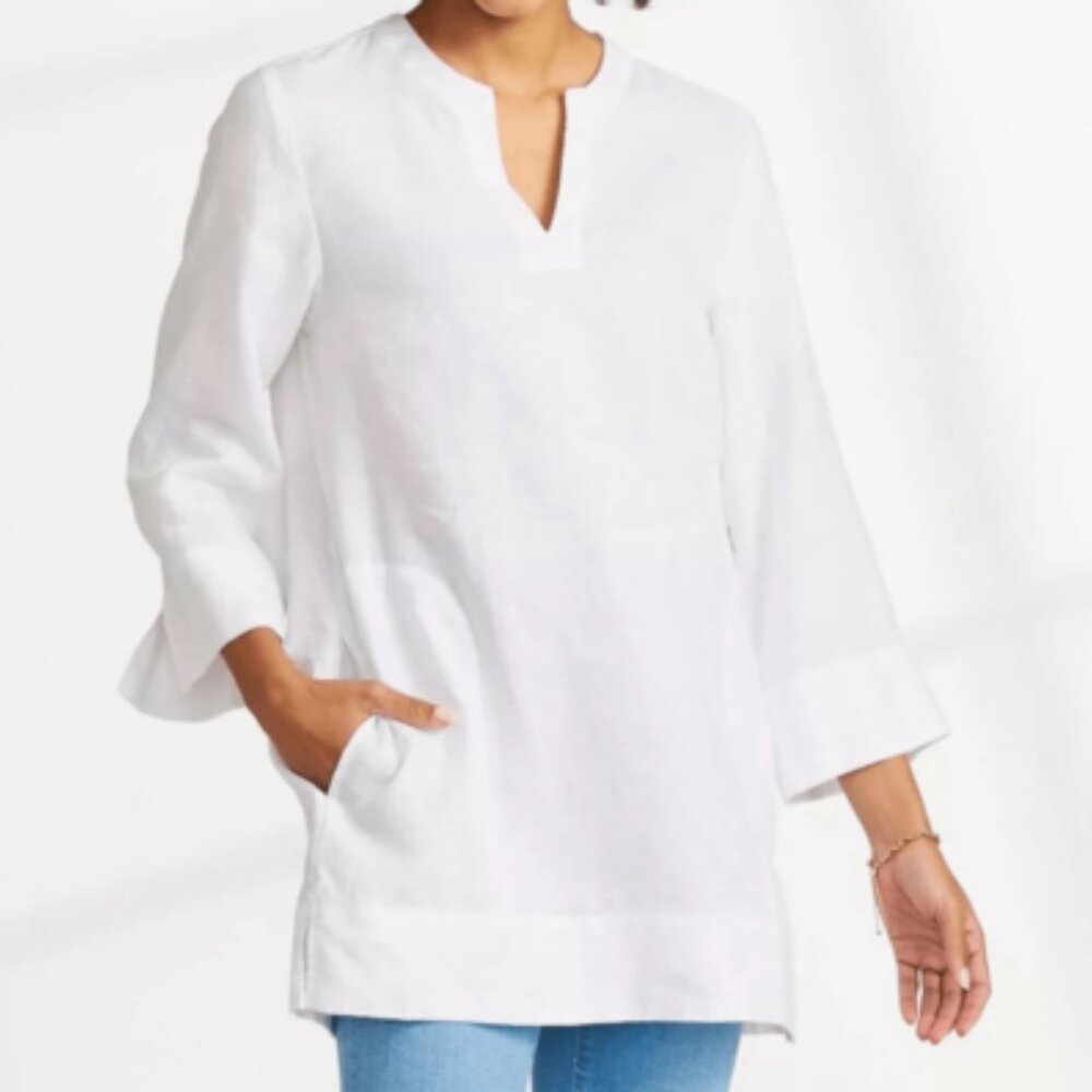 Lands End Linen Viscose Blend White Tunic Top Pockets, Split Hem New, Sz XXL